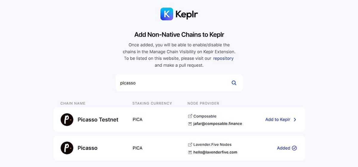 Keplr wallet chain selection page