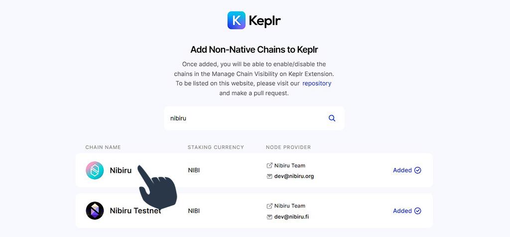 Keplr add Nibiru Chain