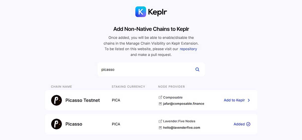 Keplr wallet chain selection page